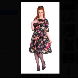 HELL BUNNY Fox Deer Floral Print Dress Size Large Retro Goth 3/4 Sleeve Empire